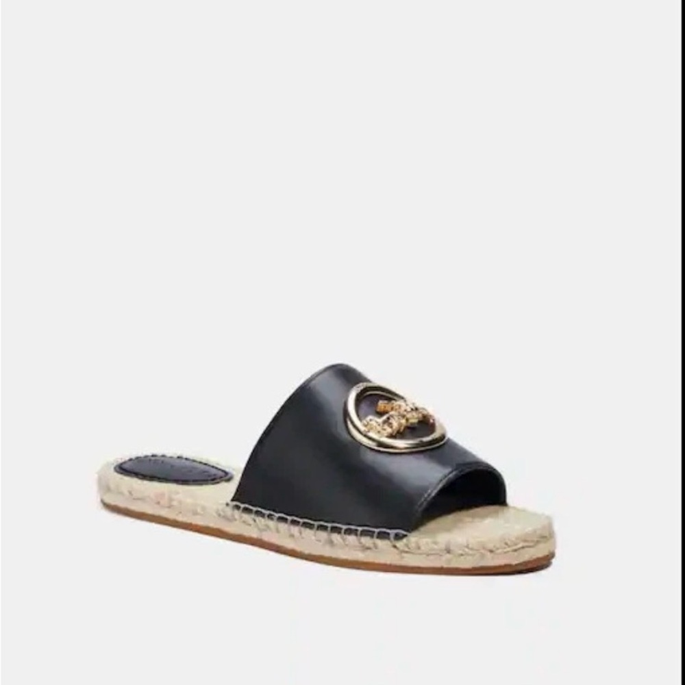 Coach Camille Black Espadrille Slides with Gold Detail